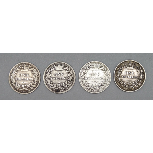 79 - Four Victorian one shilling coins, 1877, 1879, 1883 and 1884