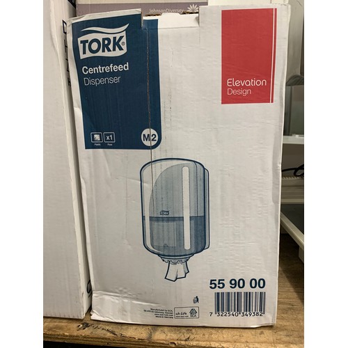 2082 - Tork hand towel dispenser, centre feed dispenser and soap dispenser, all unused