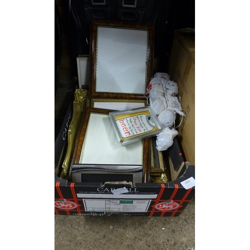 2070 - Box of approx. 20 mixed picture frames, some with glass plus string of skeleton lights