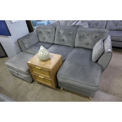 1304 - A Hoxton grey velvet corner sofa/chaise and footstool