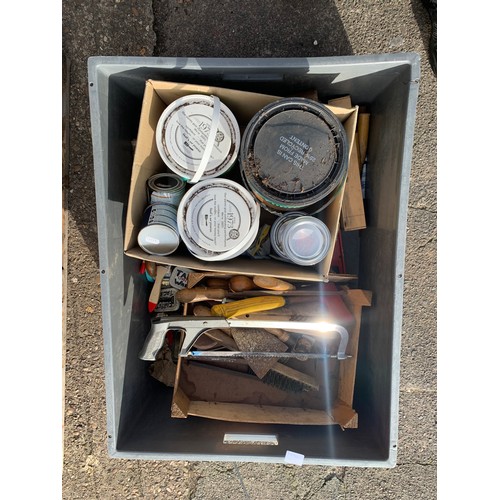 2001 - Large tray of assorted hand tools, petrol can, fence protector, paints and brushes