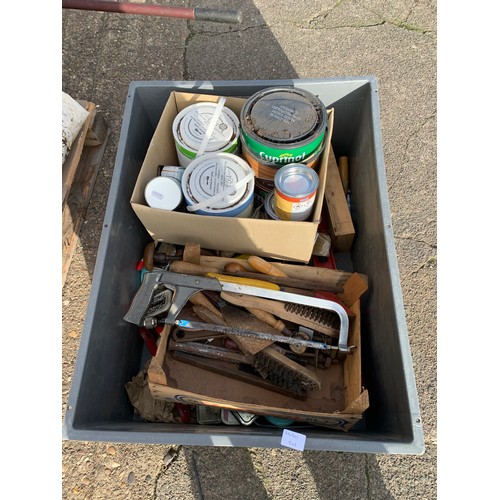 2001 - Large tray of assorted hand tools, petrol can, fence protector, paints and brushes