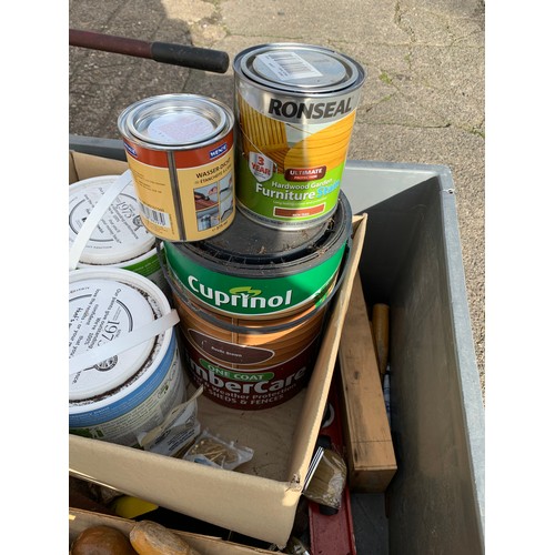 2001 - Large tray of assorted hand tools, petrol can, fence protector, paints and brushes