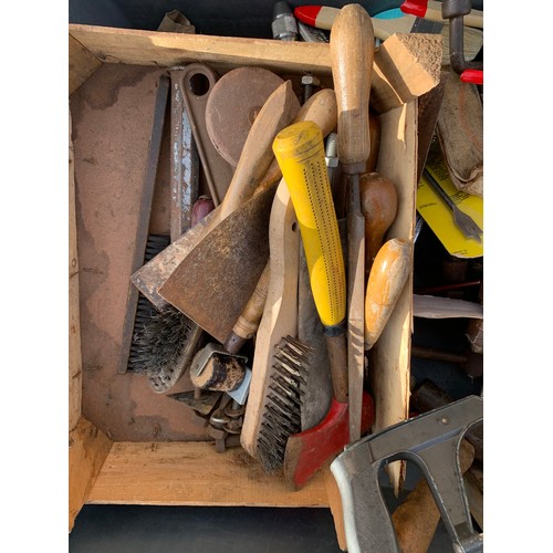 2001 - Large tray of assorted hand tools, petrol can, fence protector, paints and brushes