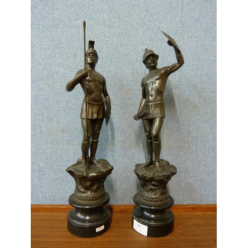 307 - A pair of spelter figures of Roman soldiers, on ebonised socles