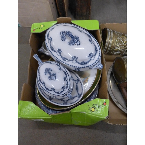 1203 - A set of three graduated brass jugs, a plated tray, two blue and white tureens, two blue transfer pr... 