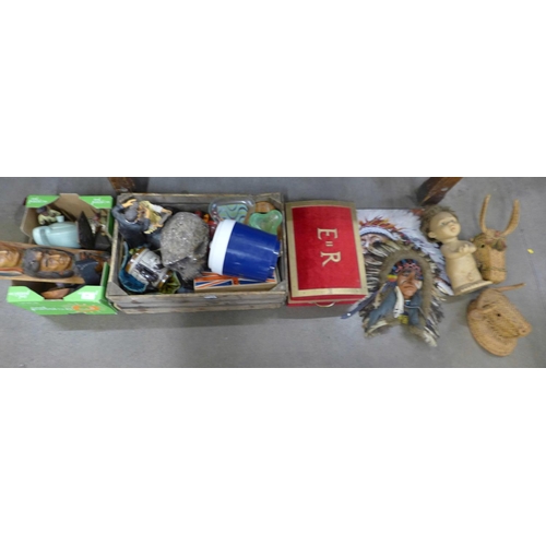 1204 - Three boxes of assorted items, cast of an ape's skull, Schweppes ice bucket, Stylophone, Michelin Ma... 