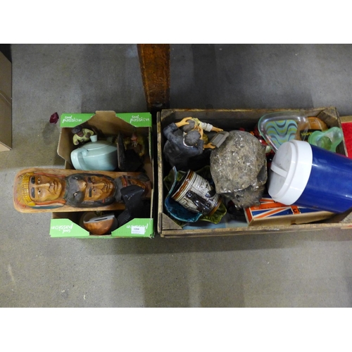 1204 - Three boxes of assorted items, cast of an ape's skull, Schweppes ice bucket, Stylophone, Michelin Ma... 