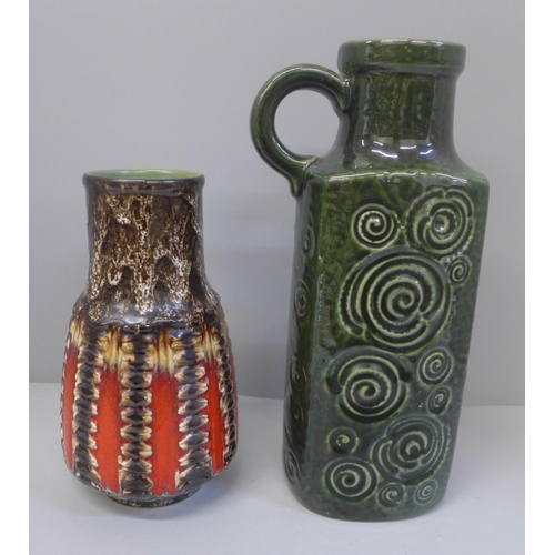 604 - A 1970's Scheurich West German pottery Jura vase in green, 28cm and a Jasba German vase in red and b... 