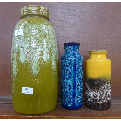 611 - Three West German vases, tallest 38cm, tallest a/f