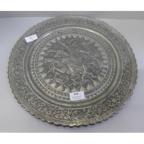 616 - A Persian Qalamani plate, Qajar Dynasty, 1794-1925, 38cm