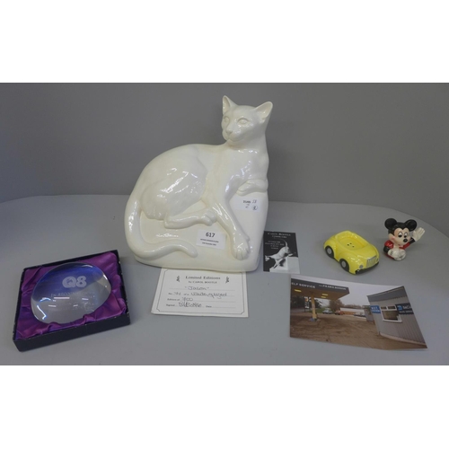 617 - A late 1980's salt and pepper set in the form of Mickey Mouse, a Carol Bootle limited edition cat, w... 