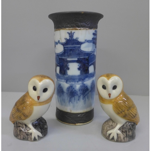 635 - A Chinese blue and white sleeve vase, 15cm, a/f and an Owl salt and pepper pot