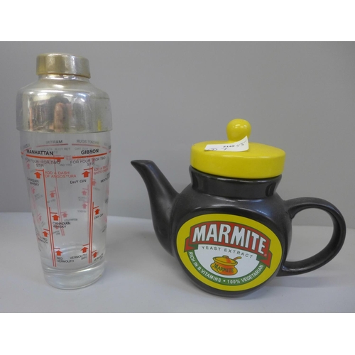 648 - A Marmite teapot and a cocktail shaker with recipes