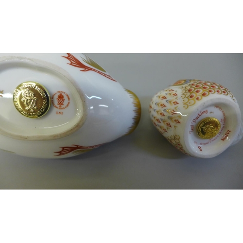 651 - Two Royal Crown Derby paperweights, Teal Duckling and Mallard, both with gold stoppers