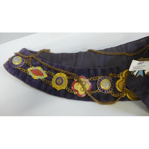 667 - A RAOB sash with enamelled badges