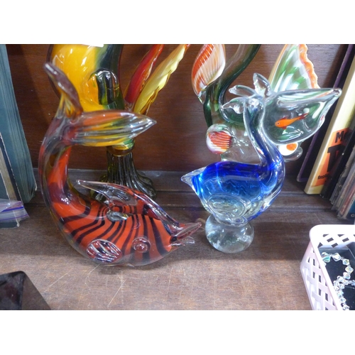 680 - A collection of glassware including Murano glass animals and two purple glass vanity pots