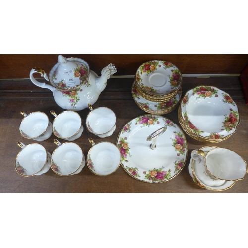 690 - Royal Albert Old Country Roses, six setting, with teapot, cake stand, milk and sugar, teapot lid a/f