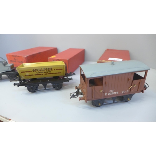 692 - Three Hornby 0 gauge wagons; Goods Brake Van, No 1 Crane truck and one other, boxed