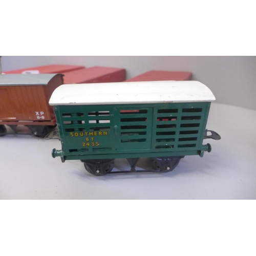 700 - Three Hornby 0 gauge wagons; No 1 Milk Traffic Van, No 1 Goods Van and one other, boxed