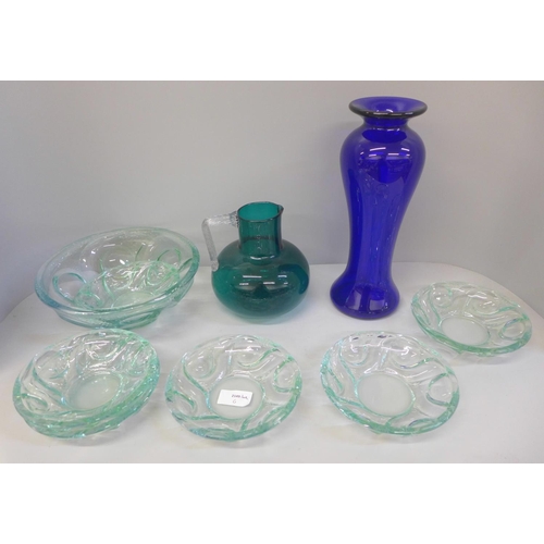 714 - A Bristol blue vase and other assorted glassware