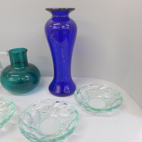 714 - A Bristol blue vase and other assorted glassware