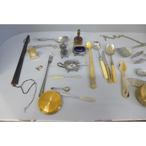 715 - A silver rimmed salt, flatware, compacts, etc.