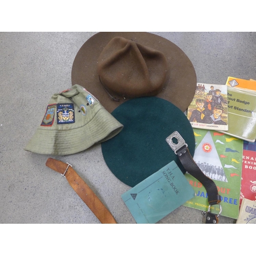 743 - A quantity of Scout items including hat and a Girl Guides belt