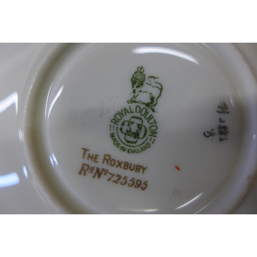 751 - Approximately fifty items of Royal Doulton The Roxbury tea and dinnerwares, teapot lid with rivet re... 