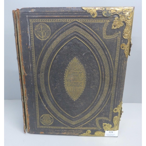 779 - A metal and leather bound Victorian family Bible