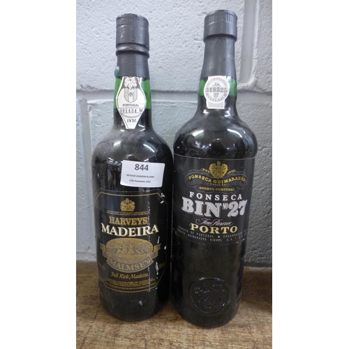 844 - Two bottles of vintage Port, Harveys Madeira and Bin no 27 Porto