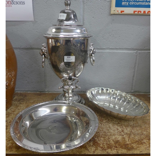 850 - A samovar by Walker & Hall, 11248, 44cm  and other silver plated ware