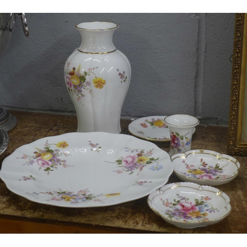 851 - A Royal Crown Derby Derby Posies vase, 21cm, plate, three dishes and a small vase