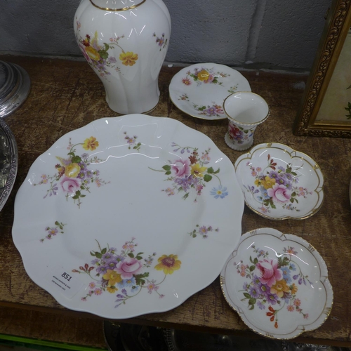 851 - A Royal Crown Derby Derby Posies vase, 21cm, plate, three dishes and a small vase