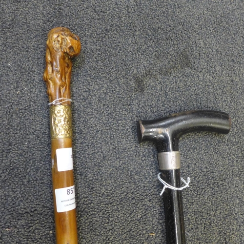 857 - Two walking sticks, one with plated finial and one with silver finial