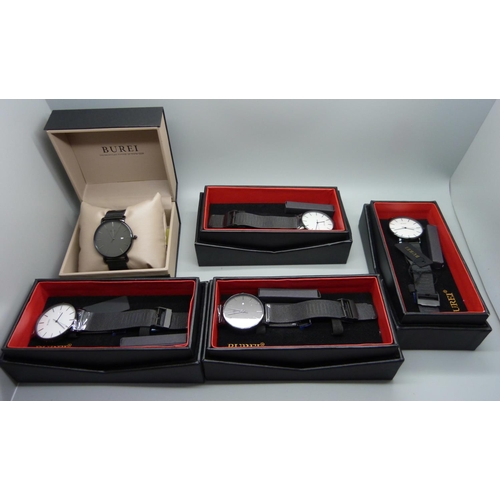 912 - Five Burei designer wristwatches, all boxed
