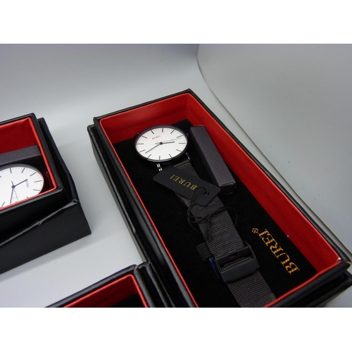 912 - Five Burei designer wristwatches, all boxed