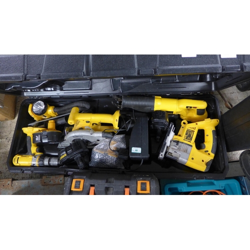 2014 - DeWalt cordless tool set; drill, 4 batteries, torch, jigsaw, reciprocating saw and circular saw