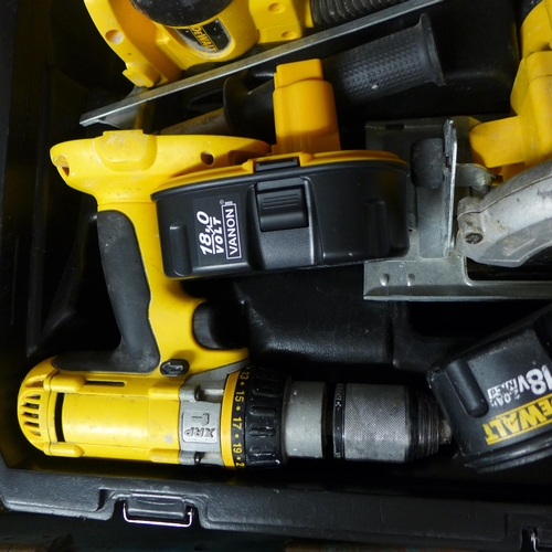 2014 - DeWalt cordless tool set; drill, 4 batteries, torch, jigsaw, reciprocating saw and circular saw