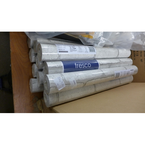 2043 - 12 Rolls of sealed 'Mica Stone' fresco wallpaper in silver-white by Graham and Brown, same batch app... 