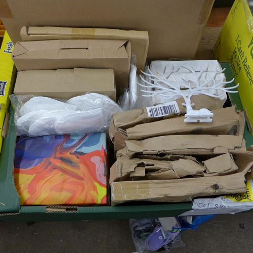 2102 - 3 Boxes of assorted car boot items - flooring, baking items, Jewelry stands, and approx 235 sealed t... 