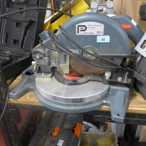 2128 - Small 190mm compound mitre saw, cordless drill and chopsaw