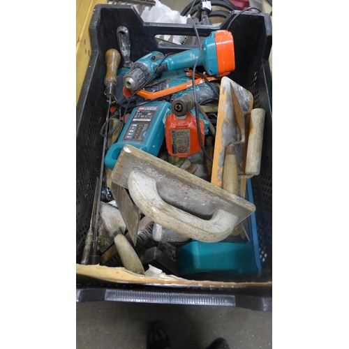 2157 - 2 Boxes of power tools and hand tools, floats, saws, cutting discs, etc.