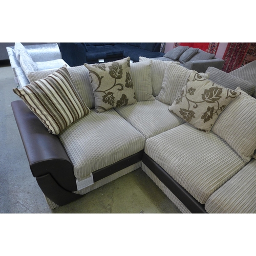 1561 - A beige jumbo cord and brown snake skin effect LHF corner sofa