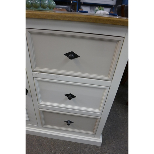 1457 - A cream painted and pine top single door, three drawer small sideboard * this lot is subject to VAT