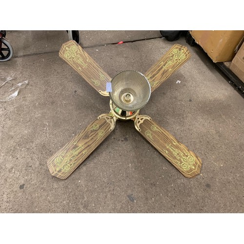 2070 - Yellow metal, wood and glass ceiling light/fan and a retro pink ceiling light