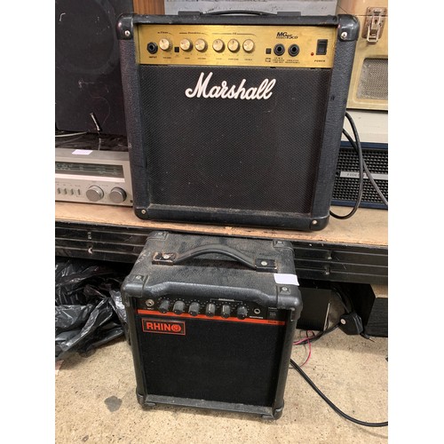 2242 - Rhino RGA10, Squire SP10, and Marshall MG15CD guitar practice amplifiers/amps