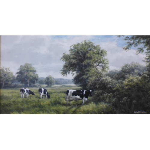 1 - Glyn Williams (b.1955), pair of rural landscapes with cows and sheep in a field, oil on board, 24 x ... 