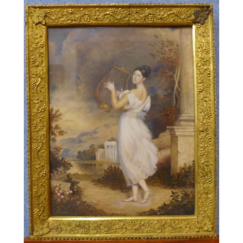 19 - English School (19th Century), full length portrait of a harpist, watercolour, 36 x 27cms, framed