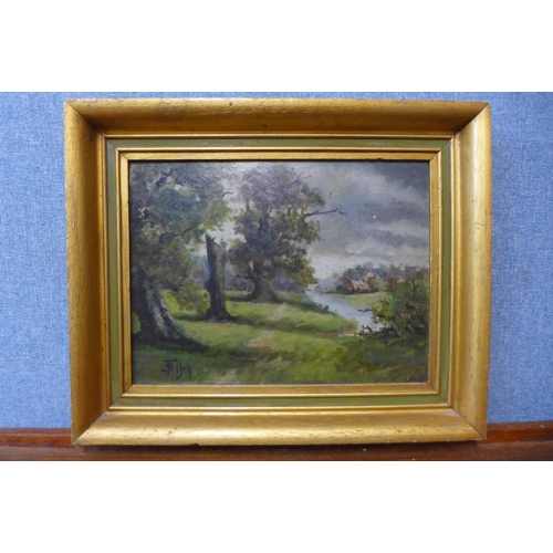 20 - T.B., Clifton Grove, Nottingham, oil on board, dated 1908, 23 x 30cms, framed